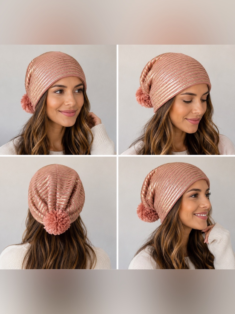 Pink & Gold Metallic Knit Pom Pom Beanie | Cozy Winter Hat | One Size